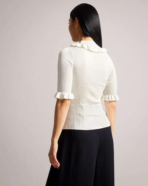 KATELLA-Knitwear-Made of stretchy knit, KATELLA is the perfect statement top to take you from season to season in style. With an oh-so-cute ruffle trim and a super soft feel, this fitted top is sure to become your new go-to. Ted Baker womenswear collection Fitted top Stretch fabric High neck Neck ruffle Ribbed knit Short sleeves with ruffle trim Amy is 5'9.5" / 1.77m and wears Black in a Ted size 1- Ted Baker Romania